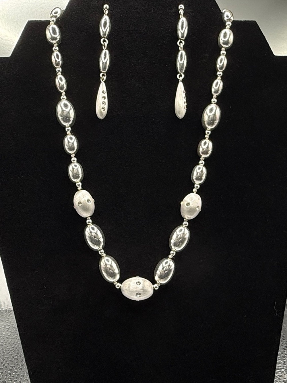 Vintage Brushed Silver-Tone Beaded Necklace -& Earrings 16”